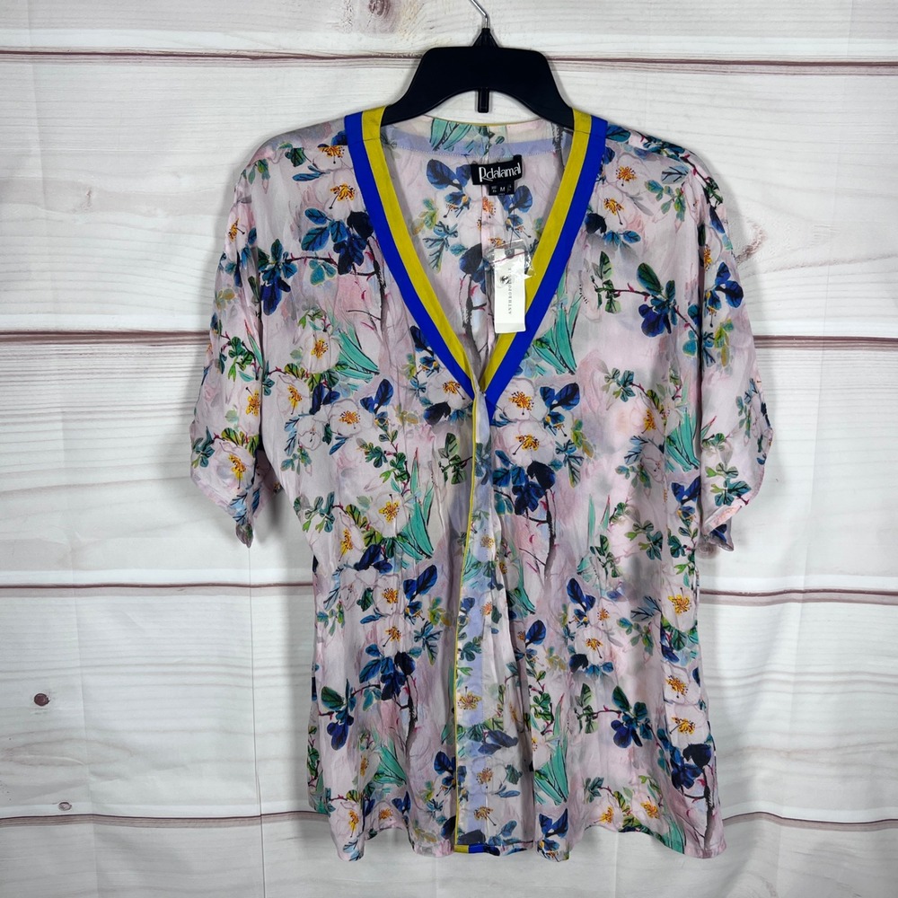 Rdalamal Top Womens Medium Pink Anthropologie Floral V-Neck Wrap Blouse Boho